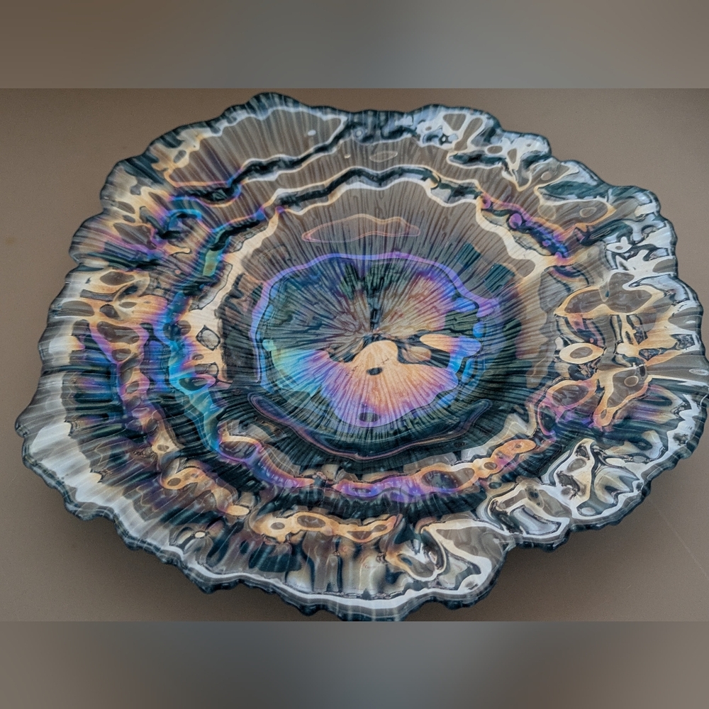 VTG Akcam Turkish Art Glass Iridescent Blue Dish